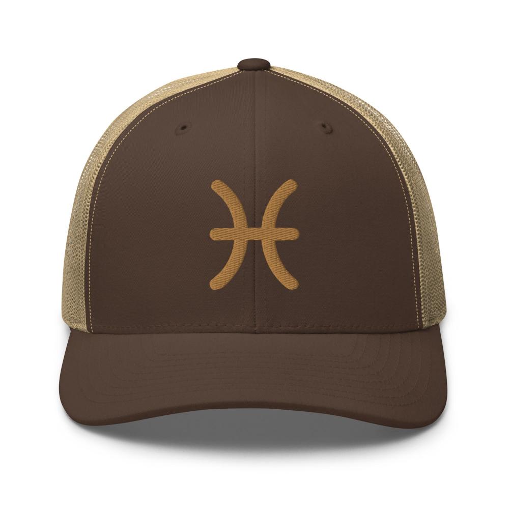Pisces Zodiac Embroidered Curved Bill Trucker Hat - Brown/Khaki Color - https://ascensionemporium.net